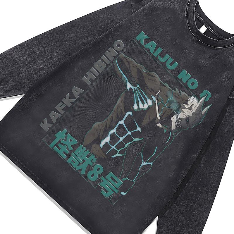 Street Tide Brand Two-Dimensional Dark Animation Print Oversize Retro Washed Old Long-Sleeved T-Shirt Men