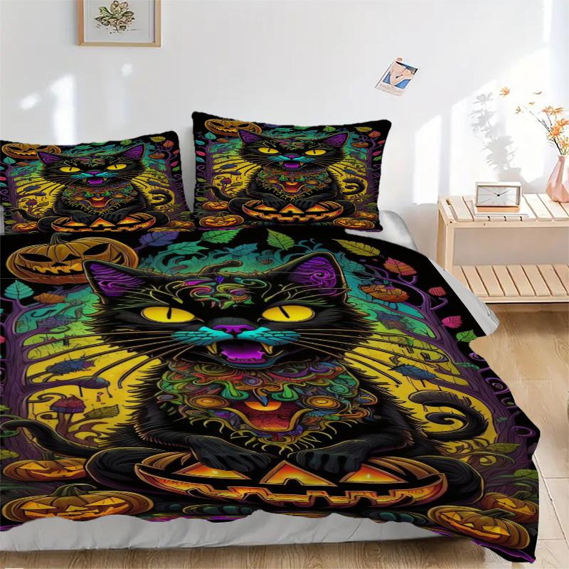 

3pcs Cat, Jack-o -Lantern Duvet Cover Set - Includes 1 Duvet Cover and 2 Pillowcases, No Quilt Core, All-Season Home Decor yy251111070 135x200cm