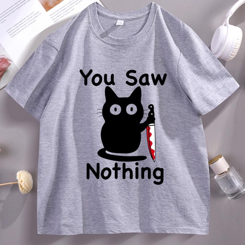 You Saw Nothing T Shirt Spooky Cat Halloween TShirt Funny Graphic Tees Short Sleeve Round Neck Printed Graphic Tees