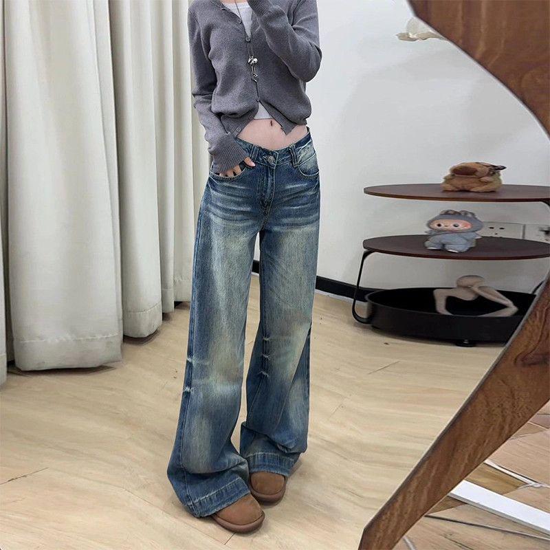 Women s High-Waisted Retro Washed Wide-Leg Jeans for Early Spring L