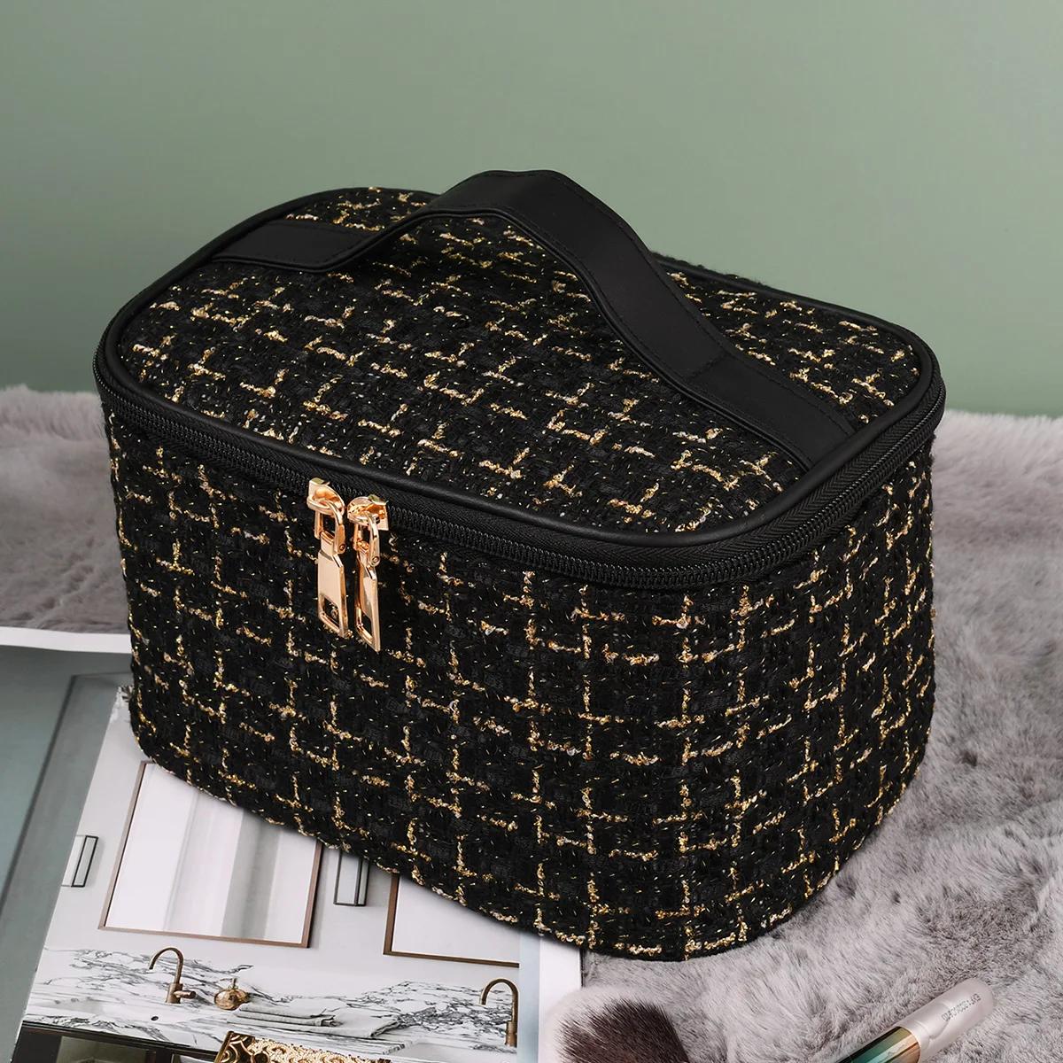 Large Woven Cloth Makeup Bag for Travel Handmade Makeup Bag Large Capacity Ins Style Portable Travel Washing and Storage Bag чёрный