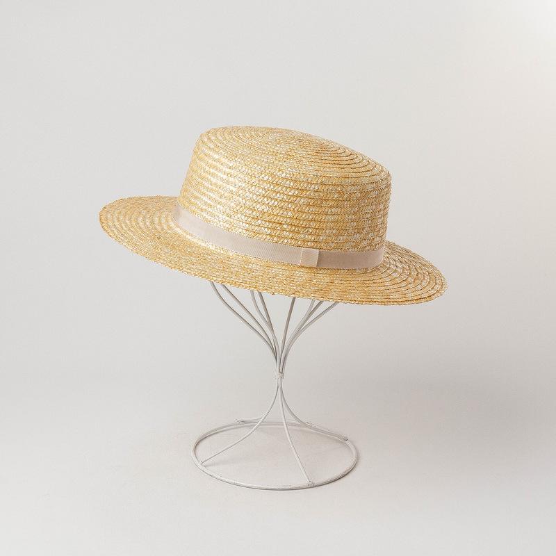 Spring and summer new simple and fashionable webbing decorative straw grass flat top top hat travel sunscreen sunshade flat top straw hat