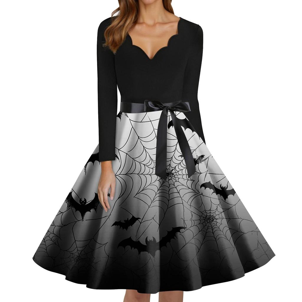 Women's Fashion V-Neck Casual Slim Fit Halloween Printed Long Sleeve Dress