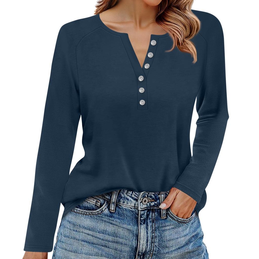 Women's T Shirt Solid Color Button Long Sleeve Daily Weekend Fashion Basic V- Neck Regular Top