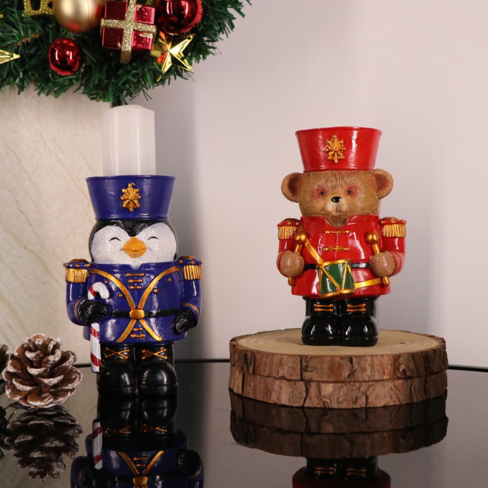 Creative Christmas Decor Candlestick Bear Nutcracker Guards Figurines Candle Holder Cute Animal Statue Home Desktop Ornaments