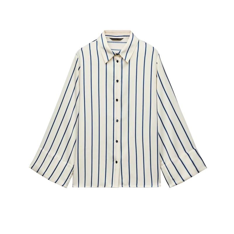 Spring New Women Clothes Lapel Vertical Temperament All-Match Wide Sleeve Stripe Shirts 7969022 7969021