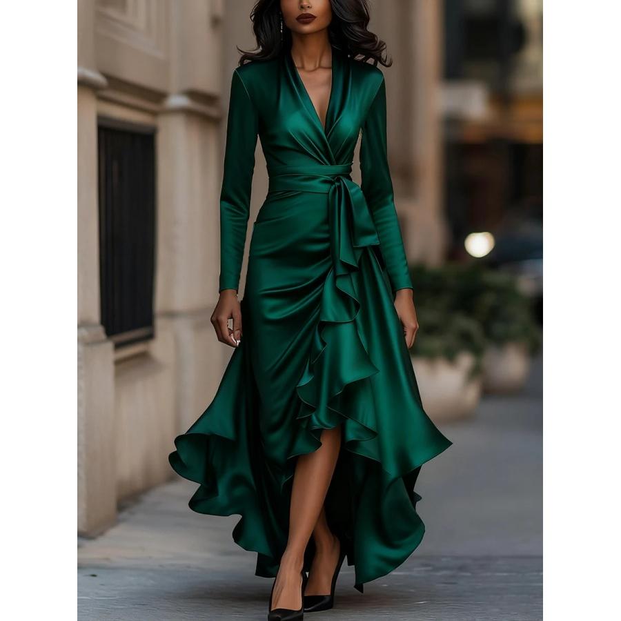 

2026 Весна Осінь Сатинова Сукня з V-подібним вирізом, поясом-зав язкою та рюшами, довгим рукавом - 6 кольорів, Елегантна сукня для офісу та повсякденного носіння XXL зелений
