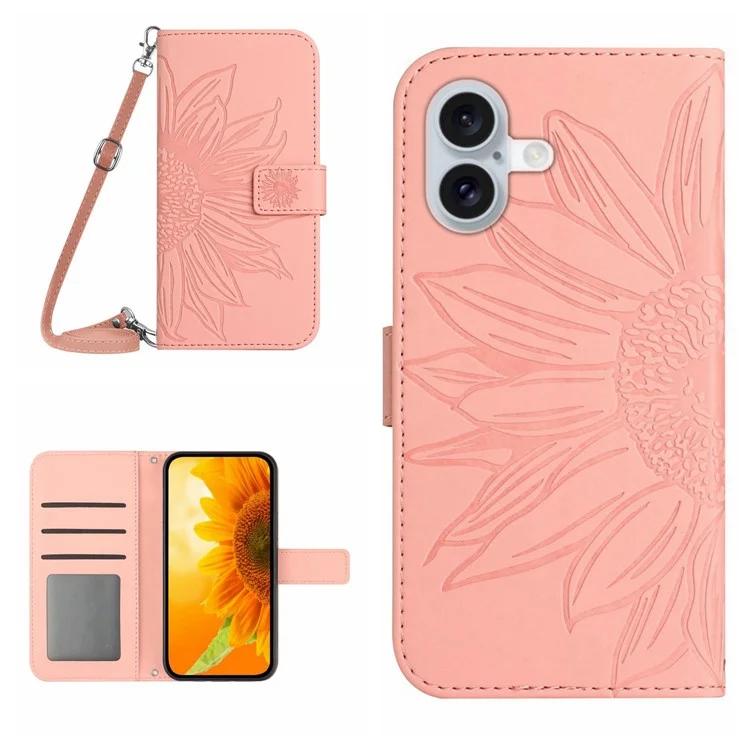 HT04 For iPhone 16 Plus Case with Shoulder Strap Leather Phone Cover Sunflower Pattern