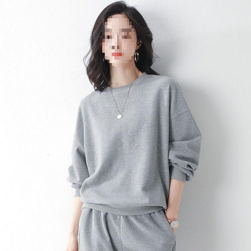 Women's Two-Piece Grey Plaid & Solid Waffle Hoodie Set - Korean Casual Style for Spring & Autumn