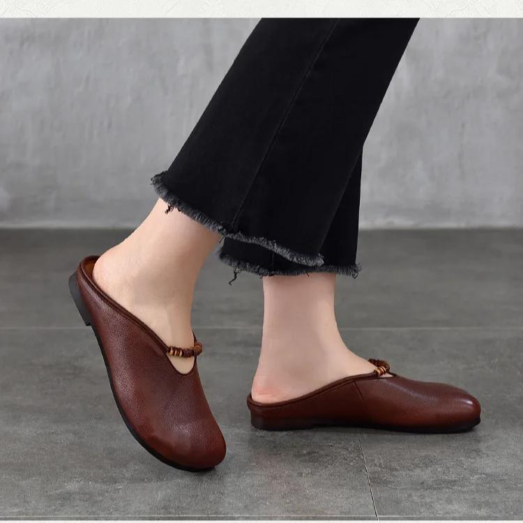 Johnature Women's Shoes Genuine Leather Flat Slippers Round Toe Versatile Casual Solid Color Outdoor Slides
