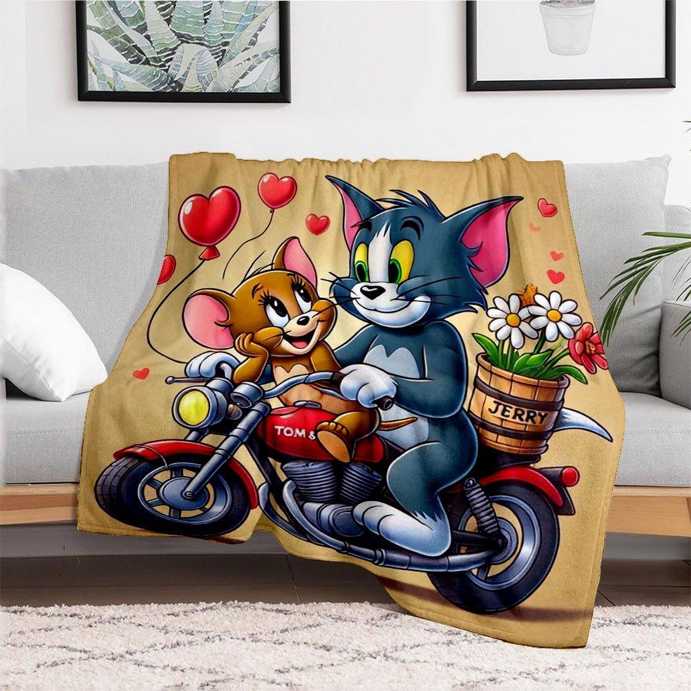 "Tom & Jerry Love Ride Motorcycle Wall Art Print"Blanket Flannel Throw Blanket for Sofa, Bed, Travel, Camping, Office