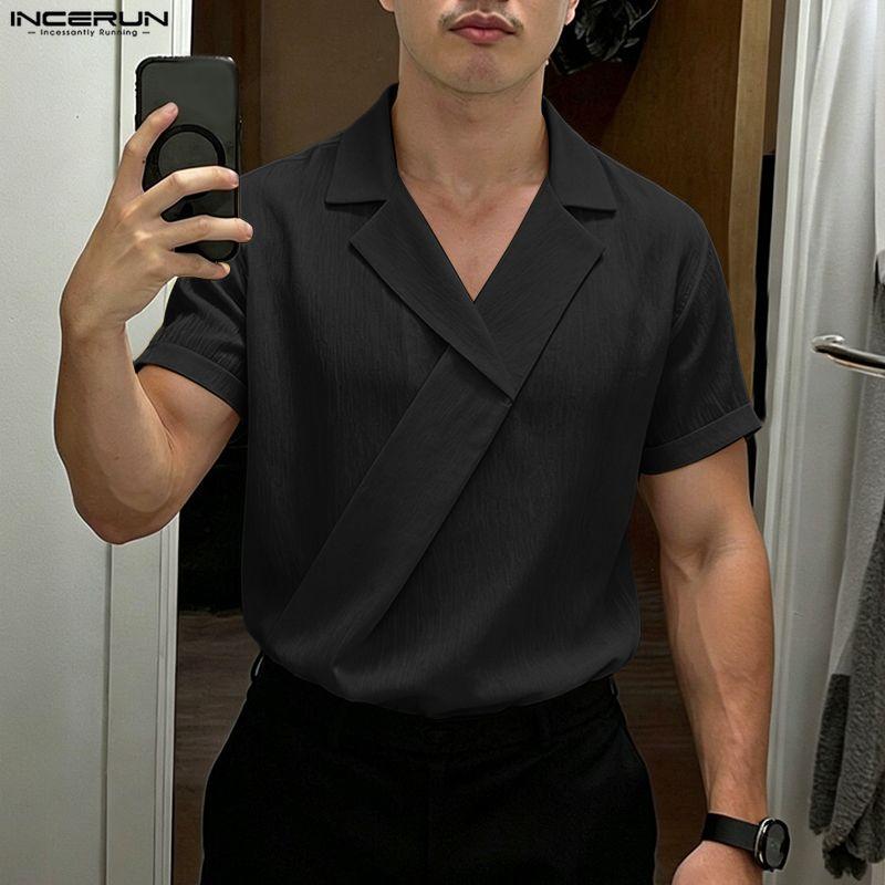 INCERUN Summer Tops Men V Neck Short Sleeve Casual Texture T-shirts