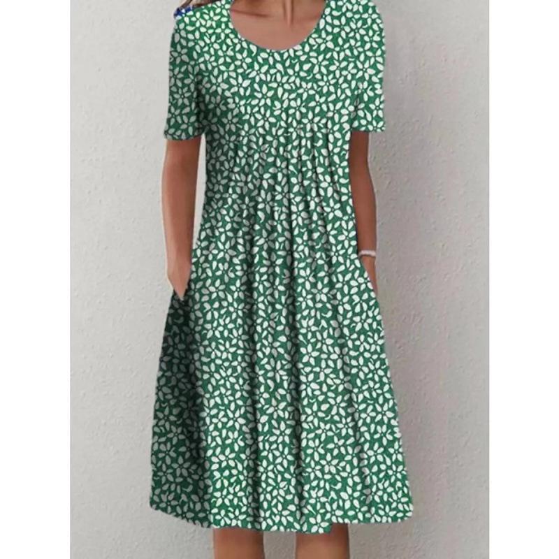 Abiti casual a vita alta con scollo a maniche corte e stampa floreale primavera-estate moda donna