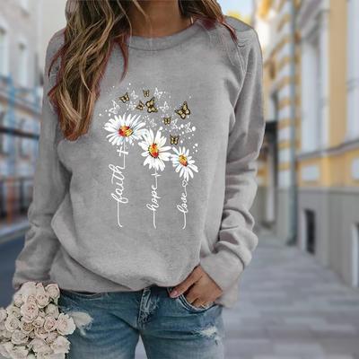 Fall Autumn Women'S Fashion O Neck Long Sleeve T-Shirt Loose  Clothes Three Chrysanthemums Print  T Shirt for Girls Street