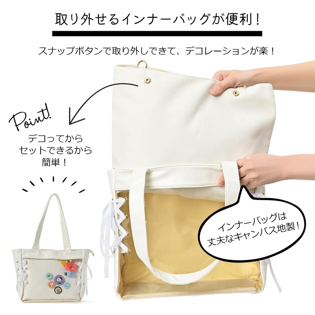 Across Ita Bag, Cute Lace-Up Shoulder Tote, Transparent Vinyl Bag for Women, A4 Size, Ribbon (White)