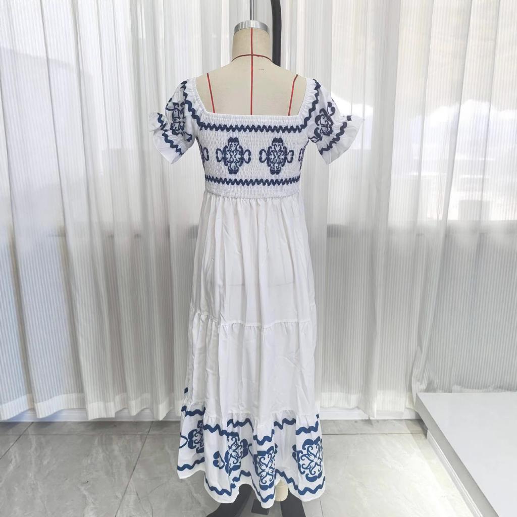 Abbigliamento da donna europeo e americano estate nuova moda stampa spalla a un pezzo manica corta due modi di indossare vestito lungo Vestito midi
