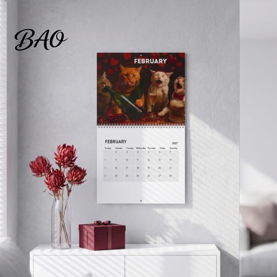 Gift for Cat Owners Fans 2027 Drunk Cats Calendar, Funny Wall Calendar with 12 Hilarious Drinking Illustration, Monthly Planner Home Office
