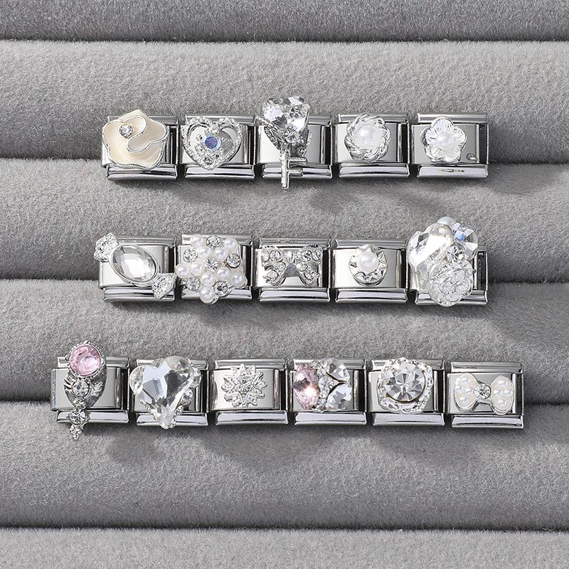 Zircon Pearl Heart Bow Candy Flower Butterfly Italian Charm Links Fit 9mm Stainless Steel Bracelet Personalized DIY Making Gifts
