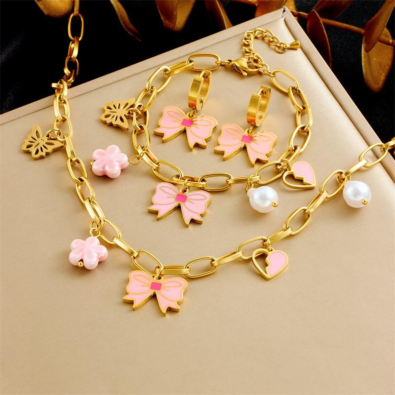 DIEYURO 316L Stainless Steel Pink Bowknot Heart Flower Pearl Pendant Necklace Earrings Bracelet Set New Trend Waterproof Jewelry