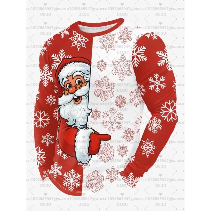 3D Christmas Graphic Printed Top Casual Long Sleeved Men's T-shirts - Soft Medium Stretch Polyester Fabric Spring and Autumn Relaxed Fit Clothing