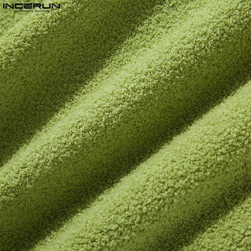 INCERUN Men's Fashion Button Up Furry Shirts Solid Short Sleeve Fleece Tops