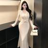 French Lace Knot V-Neck Dress: Women's Autumn/Winter Elegant Style, Patchwork Waist-Cinched Gown with Mermaid Skirt