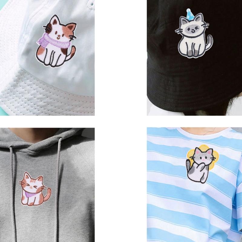 6 Pcs Lovely Animal Repair Patches Iron On Embroidered Patches Cartoon Cats Sew On Decorative Appliques for Clothes Hat