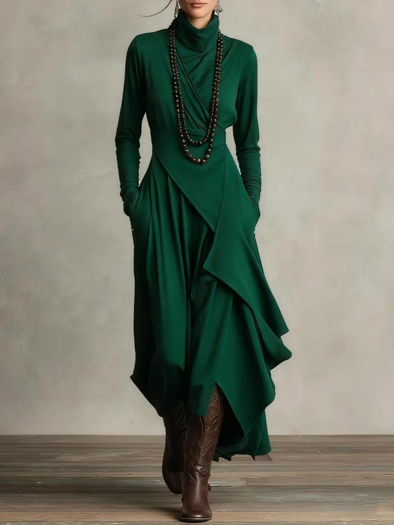 2025 European Women's Solid Color Long Sleeve Turtleneck Maxi Dress