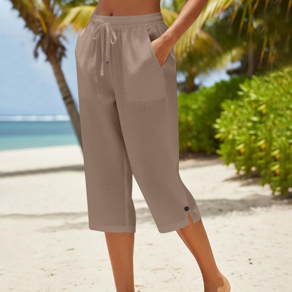 Women's -color Cotton And Linen Three-quarter Length Pants