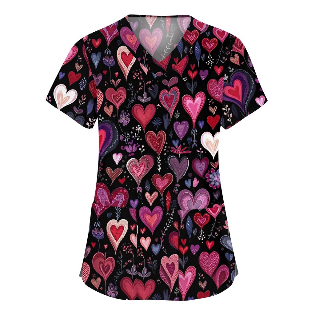 Modische Arbeitskleidung für Damen mit V-Ausschnitt, kurzen Ärmeln und bedruckten Taschen