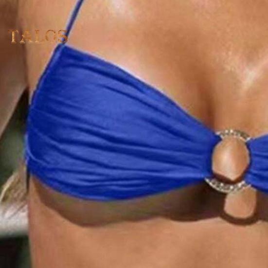 Women's Two Piece Swimsuit Halter String Triangle Bikini Set Metal Ring Pleated Bathing Suit Cutout Beachwear for Vacation Party