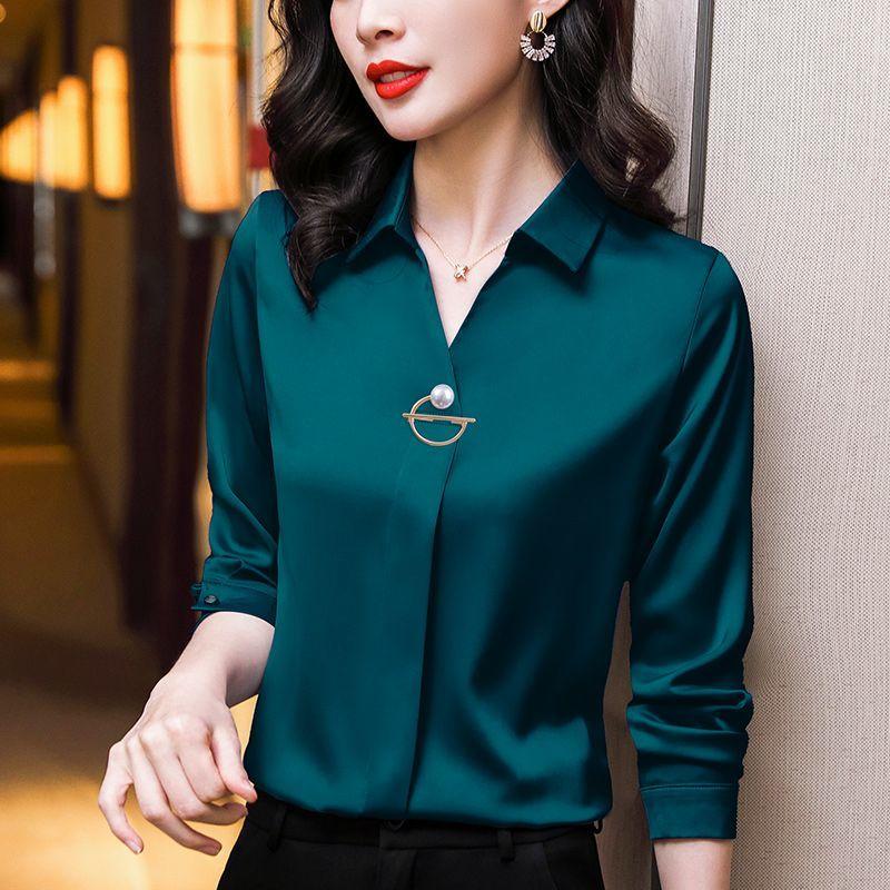 Basic Office Lady Solid Color Shirt Female Clothing Elegant Fashion V-Neck Spring Autumn Commuter Korean Long Sleeve Blouse