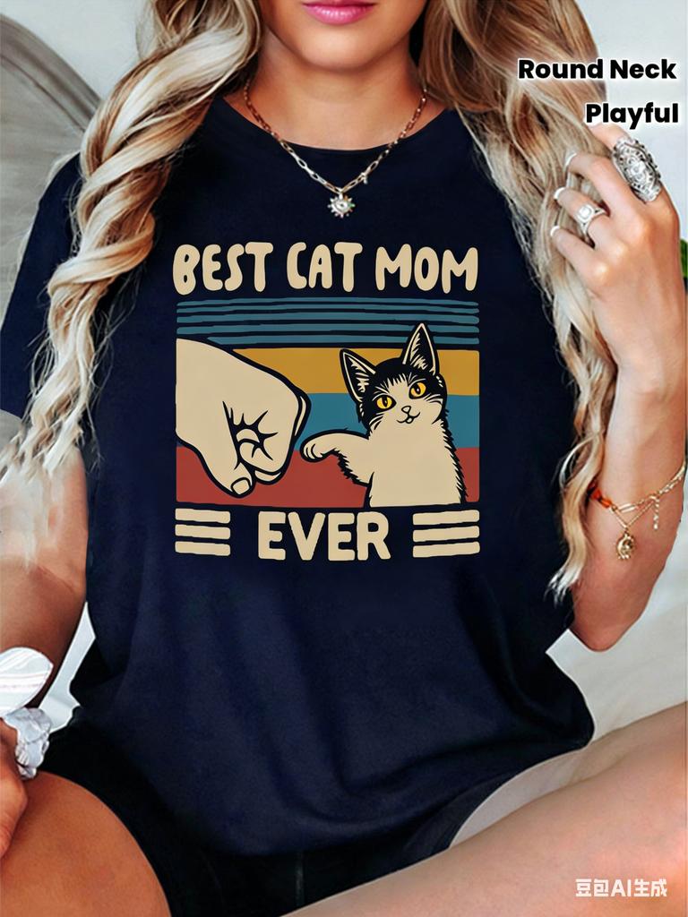 Cartoon Playful Style Best Cat Mother Printed TShirt Womens SummerSpring Short Sleeve Round Neck Casual Top
