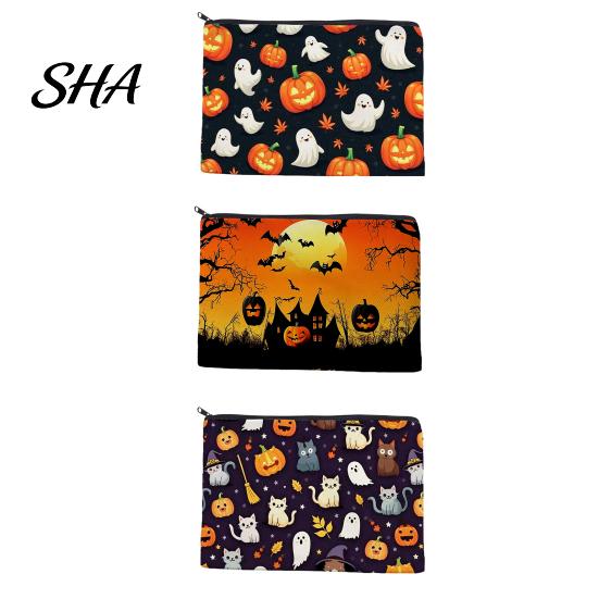Compact Storage for Small Items Halloween Bag, with Pumpkin Ghost Print, Durable Canvas Cute Festive Zippered Pencil Case Large Capacity Makeup Pouch,