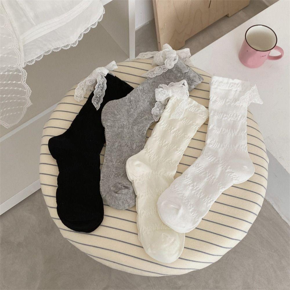 3Pairs Ins Style Mid Tube Socks Thin Sweet Socks Women Cute Lace Bow Socks  Girl