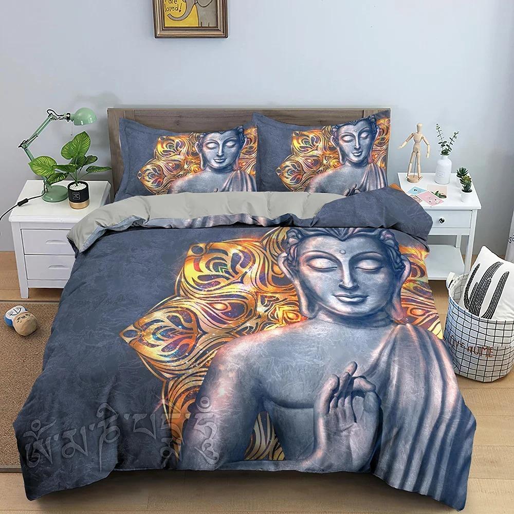 Buddha-Bettwäsche-Set, 3D-Bodhisattva-Bettbezug, klassische Bettdeckenbezüge mit Kissenbezug, Doppel-Queen-Size-Heimtextilien