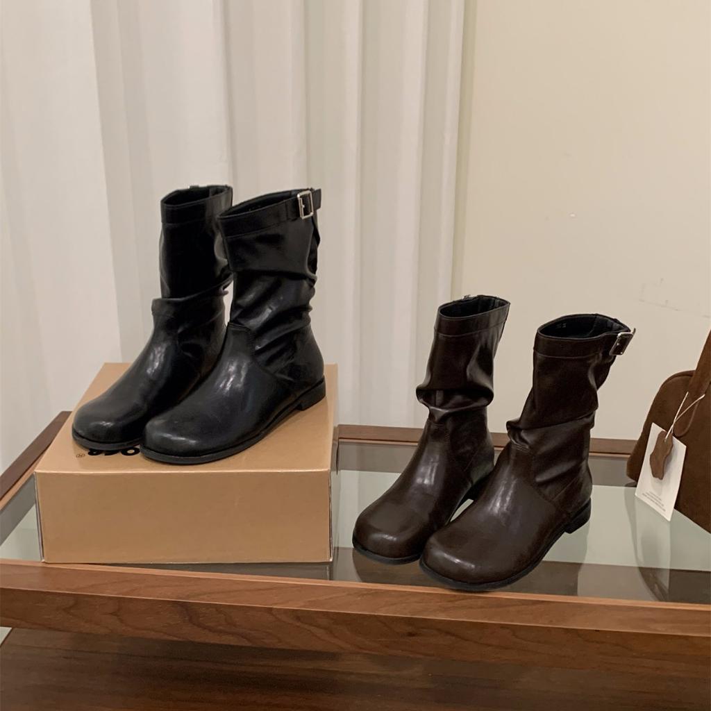 Thick Heel Pile Medium Knight Boots Women's Boots 2025 New Spring and Autumn Black Martin Boots Skinny Brown Short Boots