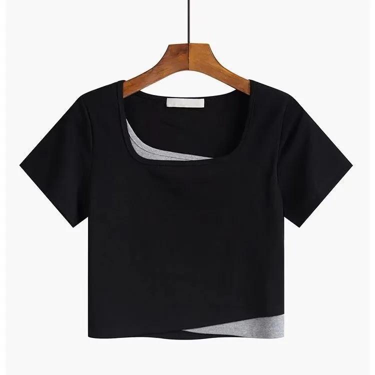 

Двухсекционная многослойная женская футболка темно-синего цвета с высокой талией и короткими рукавами XXL чёрный