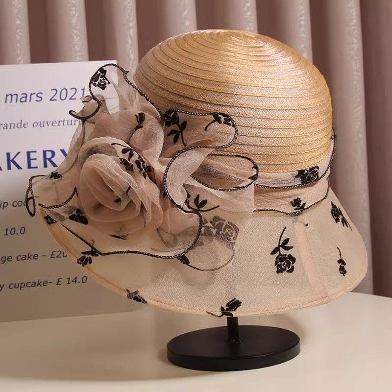 Sun Hat Women's Summer Organza Flower Fisherman Travel Vacation Sunshade Anti UV Retro Hat