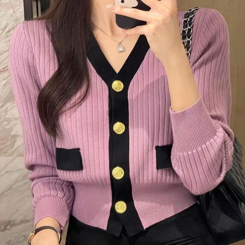 Maglione Corto Scollo a V da Donna Autunno Nuovo Maniche Lunghe Cardigan Lavorato a Maglia Giacca Top
