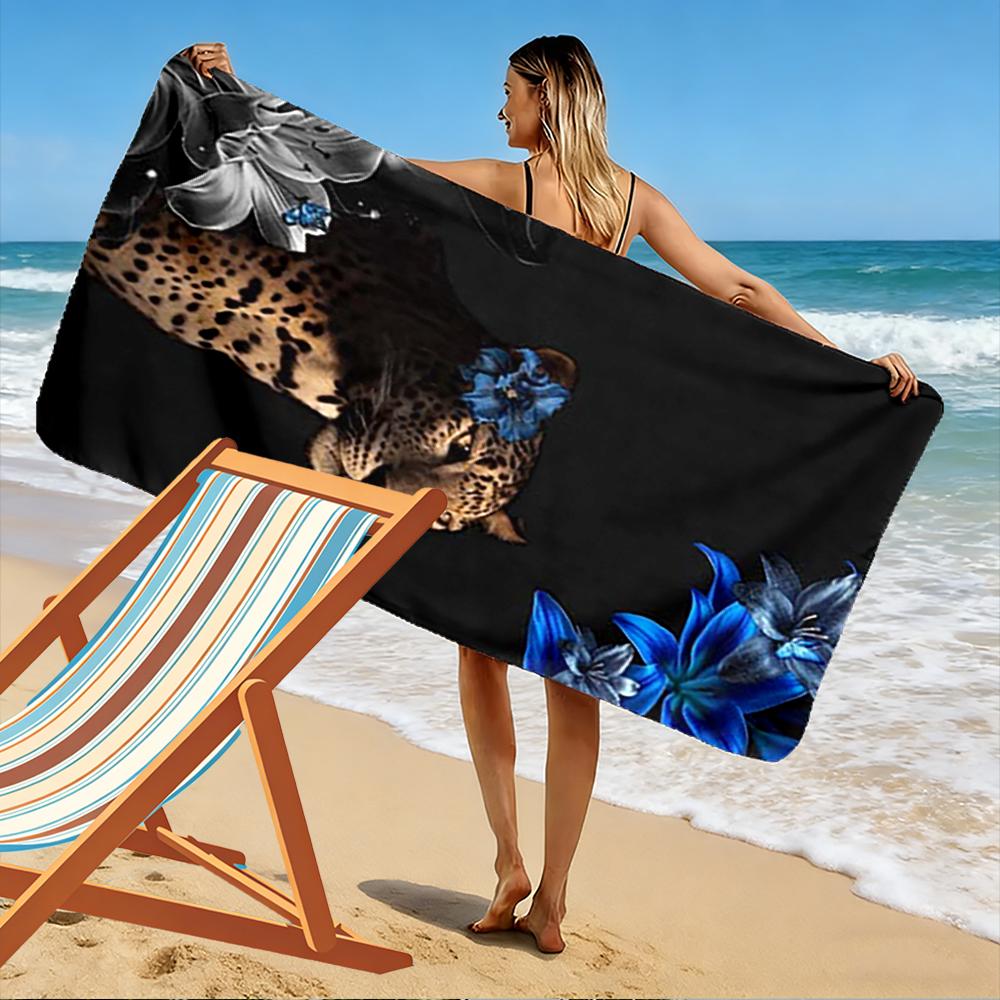 Leopard with Blue Flowers Design Beach Towel Quick-drying for Travel Outdoor Sports Jogging Beach and Swimming