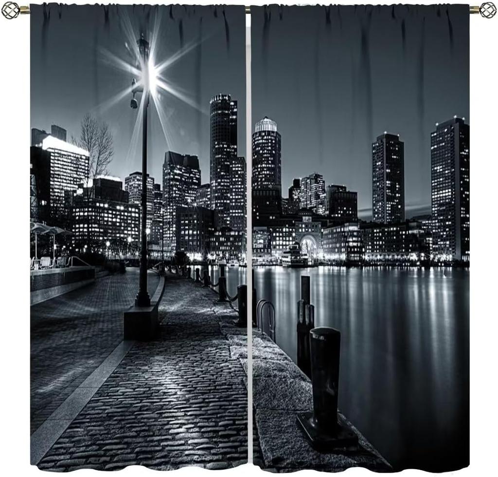 City Skyline Curtains Midnight Cityscape Purple Urban Starry Sky Printed Bedroom Living Room Window Drapes Curtain With Light Blocking Polyester