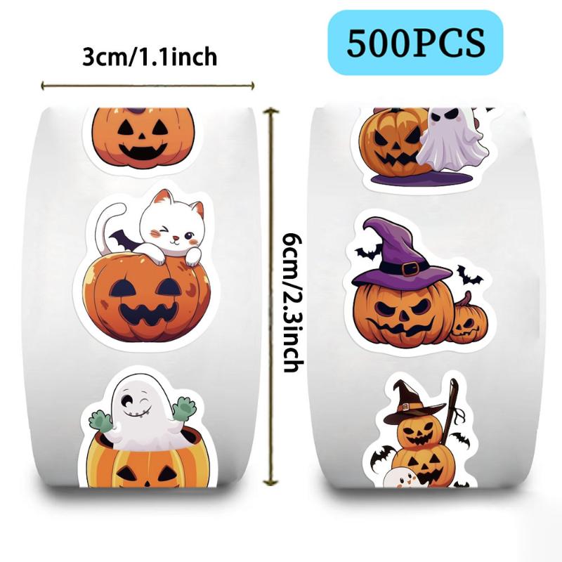 500Pcs/Roll Halloween Pumpkin Cat Ghost Stickers For DIY Journaling Laptop Envelope Scrapbook Home Decal Reward Gift
