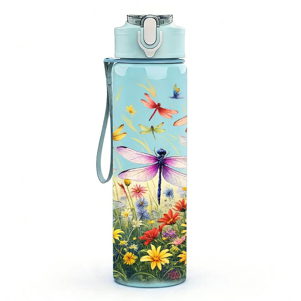 1PC Dragonfly Wildflower Meadow Print 750ml Color Plastic Sports Water Bottle Leakproof Flip Straw Lid Suitable for Sports Office Home Use