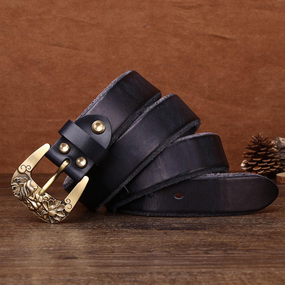 Rare And Super Thick Men'S First-Layer Cowhide Copper Buckle Lazy Belt Casual Guochao Retro Men'S Belt