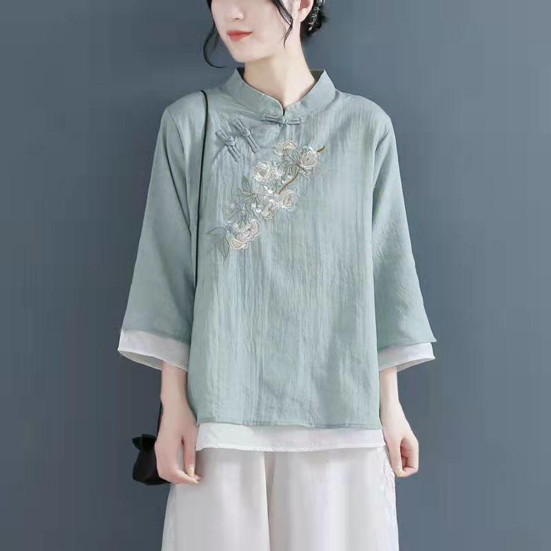 Chinese Ethnic Style Embroidered Cotton-Linen Frog Button Top for Women, Summer 2024, Stand Collar with Three-Quarter Sleeves.