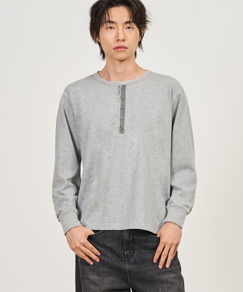 EXCONTAINER Vintage Crop Henley Neck Long Sleeve (Melange Grey)