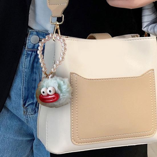 Large Mouth Cartoon Plush Doll Keychain with Faux Pearls Lanyard Bag Hanging Decoration Macaron Color Key Holder Key Ornament