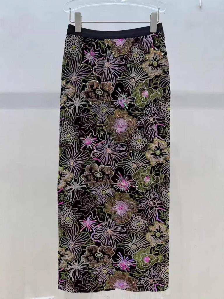 2026 Frühling Elegantes Koreanisches Pailletten-Blumenmuster-Röckchen