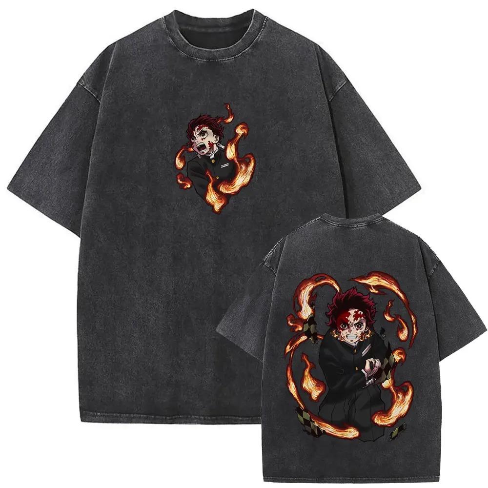 Demon Slayer Tanjiro Kamado (Kagura du Soleil) T-shirt Graphique Vintage Lavé Double Face, T-shirt Oversize Streetwear Anime, Haut Décontracté Unisexe